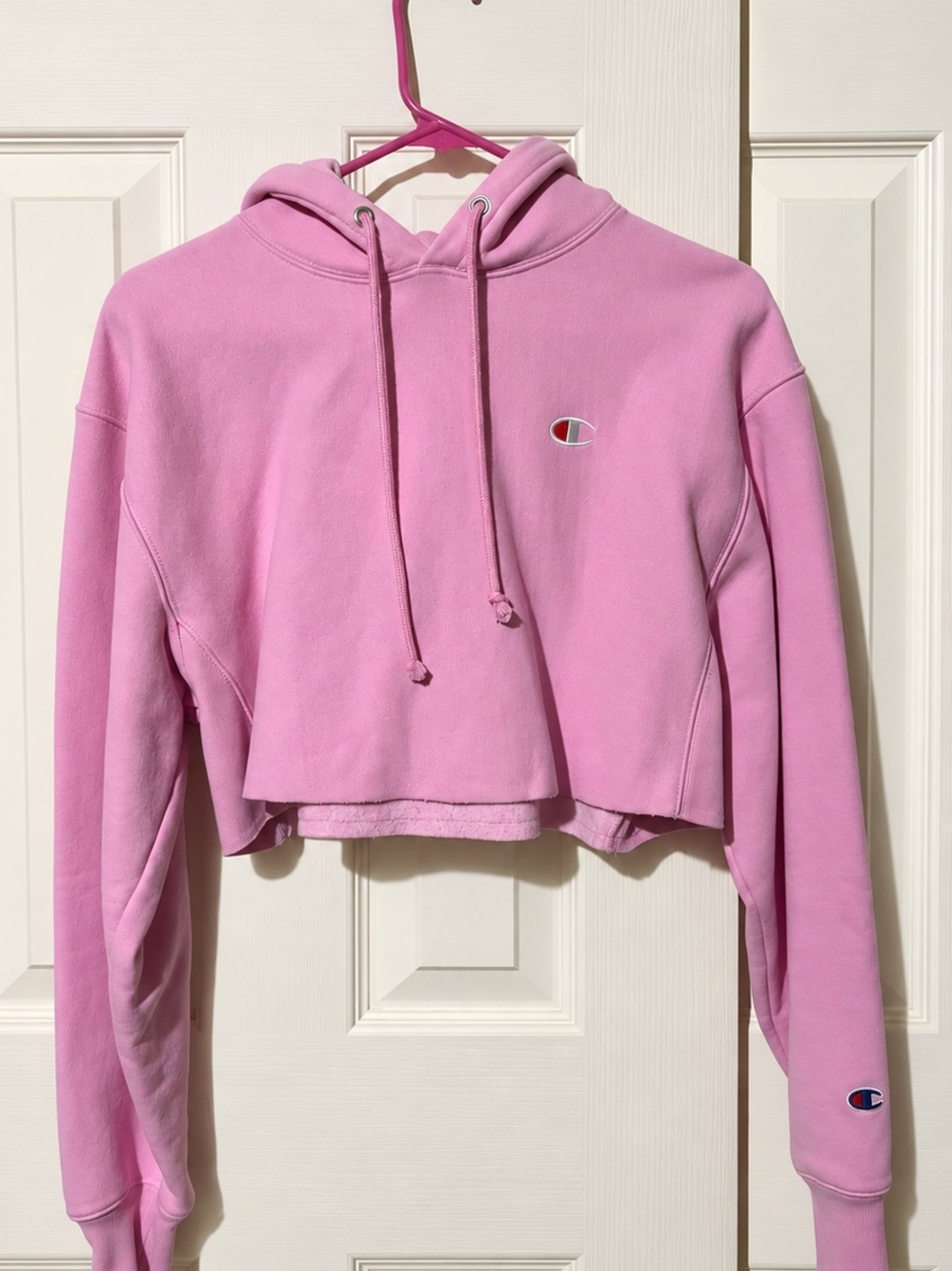 Champion Reverse Weave Pink Cropped Raw Hem Hoodie XS